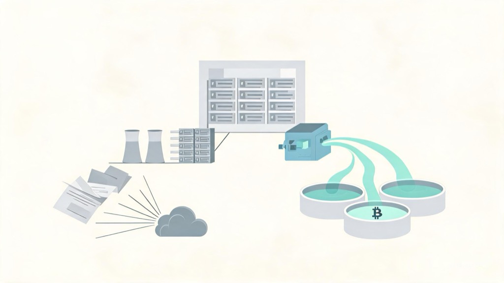 Two visual paths from AI data-center financing stress: one moves into risk-off pressure, the other into later policy liquidity that can reach Bitcoin and other assets.