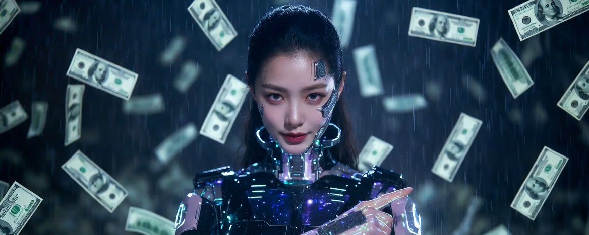 一位半机械人造型的女性站在纷飞的美元钞票之间